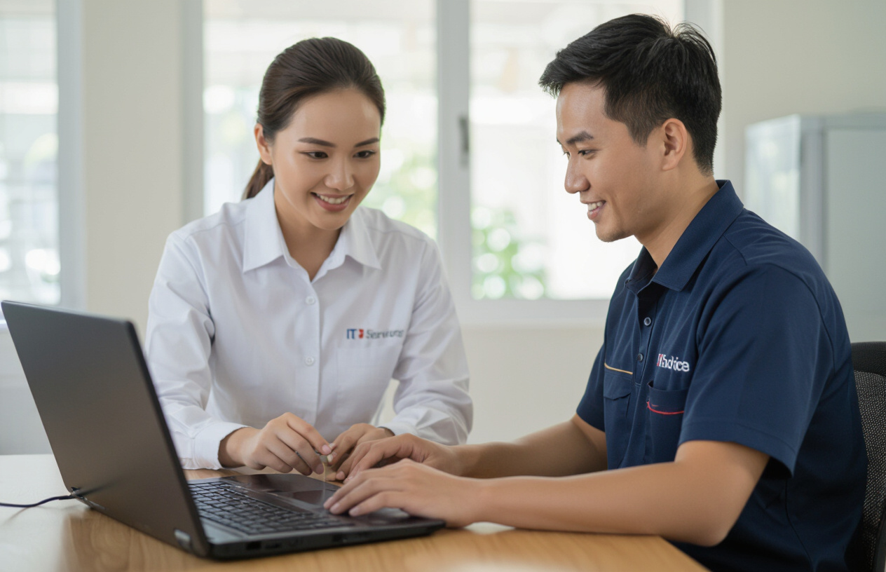 Một Kỹ Thuật Viên Máy Tính Người Việt Nam Chuyên Nghiệp Đang Kiểm Tra Kết Nối Mạng Trên Máy Tính Xách Tay Của Khách Hà