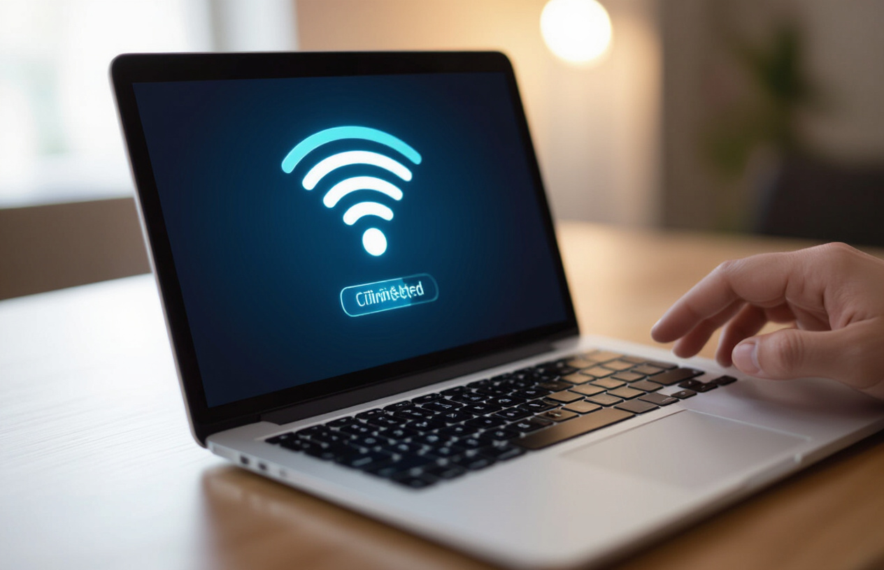 Biểu Tượng Sóng Wifi Mạnh Mẽ Trên Màn Hình Máy Tính, Tượng Trưng Cho Kết Nối Internet Đã Được Khôi Phục Thành Công.