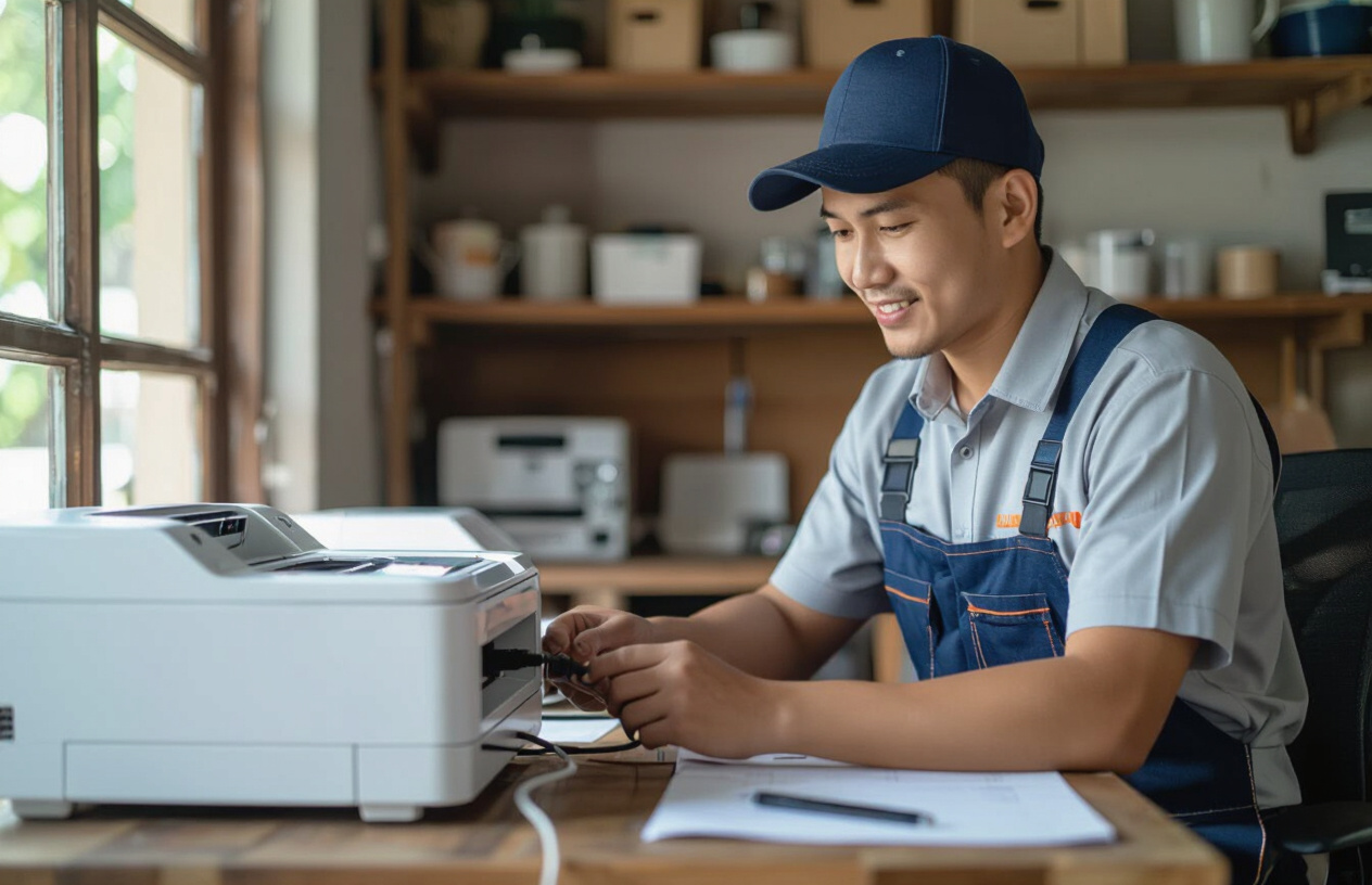 Kỹ Thuật Viên Máy Tính Bến Tre Đang Kiểm Tra Kết Nối Và Cài Đặt Driver Máy In Cho Khách Hàng.