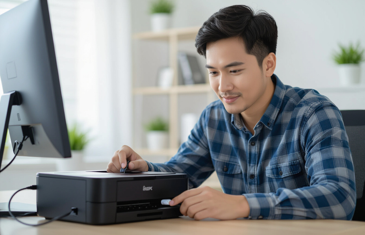 Người Dùng Đang Kiểm Tra Kết Nối Cáp Máy In Với Máy Tính Để Khắc Phục Lỗi Không Cài Được.