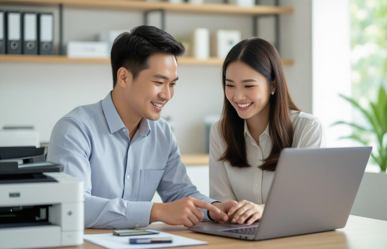 Chuyên Viên Máy Tính Bến Tre Đang Hướng Dẫn Khách Hàng Các Bước Khắc Phục Sự Cố Cài Đặt Máy In.