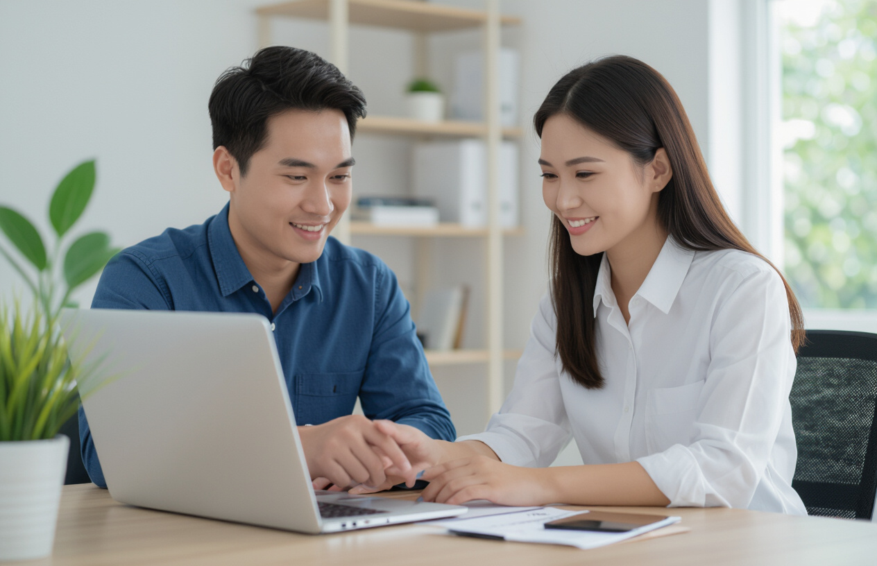 Kỹ Thuật Viên Máy Tính Bến Tre Đang Vui Vẻ Hỗ Trợ Khách Hàng Khắc Phục Lỗi Font Chữ Trên Laptop