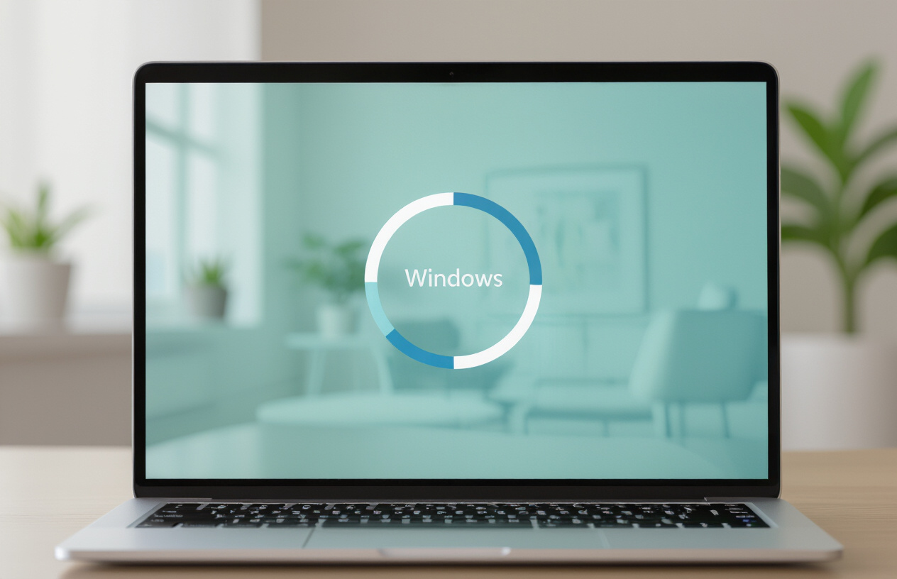 Hình Ảnh Một Laptop Bị Treo Ở Màn Hình Chào Mừng Windows, Biểu Tượng Xoay Tròn.
