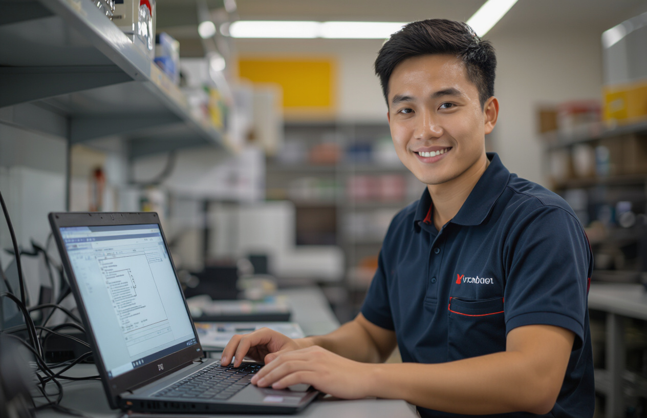 Kỹ Thuật Viên Chuyên Nghiệp Của Máy Tính Bến Tre Đang Kiểm Tra Laptop Bị Lỗi Màn Hình Welcome.