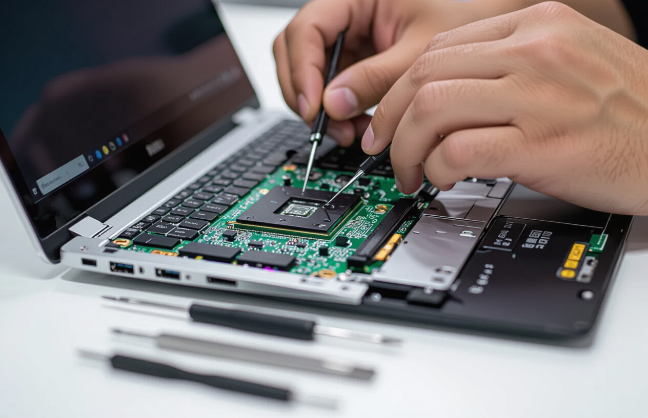 Kỹ Thuật Viên Chuyên Nghiệp Của Máy Tính Bến Tre Đang Kiểm Tra Mainboard Laptop Để Sửa Lỗi Phần Cứng.
