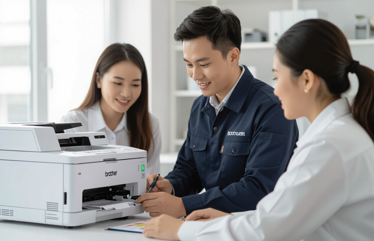 Kỹ Thuật Viên Máy Tính Bến Tre Đang Kiểm Tra Máy In Brother Cho Khách Hàng.