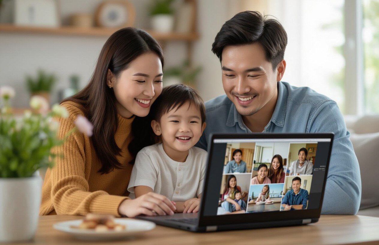 Gia Đình Việt Vui Vẻ Nhìn Vào Máy Tính Hiển Thị Ảnh Đã Được Khôi Phục, Biểu Tượng Sự Thành Công Của Dịch Vụ Máy Tính B