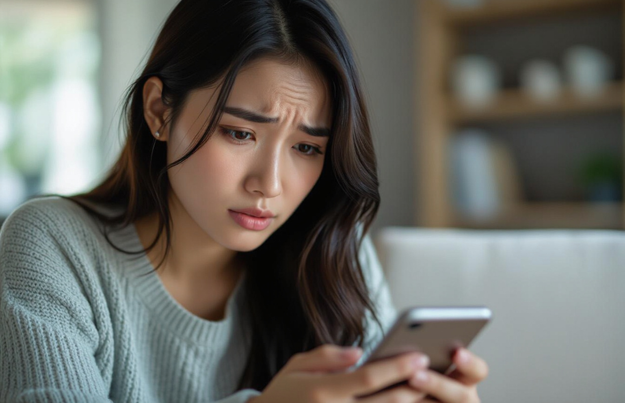 Hình Ảnh Một Người Phụ Nữ Việt Nam Trẻ Đang Cau Mày Lo Lắng, Nhìn Chằm Chằm Vào Màn Hình Điện Thoại Hoặc Máy Tính, Biể