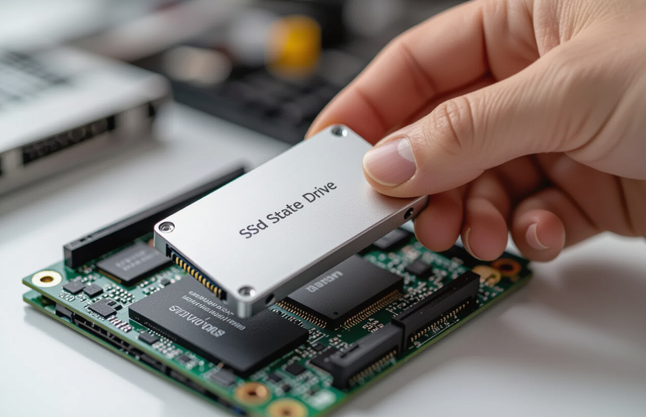 Một Kỹ Thuật Viên Máy Tính Đang Cầm Một Ổ Cứng Ssd Và Giải Thích Các Chi Tiết Về Nó Cho Khách Hàng.