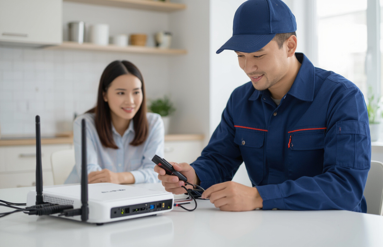 Kỹ Thuật Viên Máy Tính Bến Tre Đang Kiểm Tra Và Sửa Chữa Thiết Bị Mạng Internet Cho Khách Hàng.