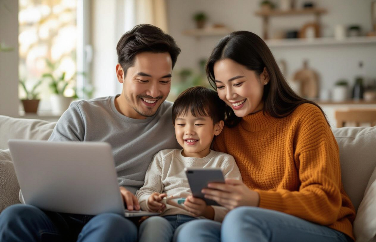 Gia Đình Vui Vẻ Sử Dụng Internet Mượt Mà Nhờ Wifi Mesh.
