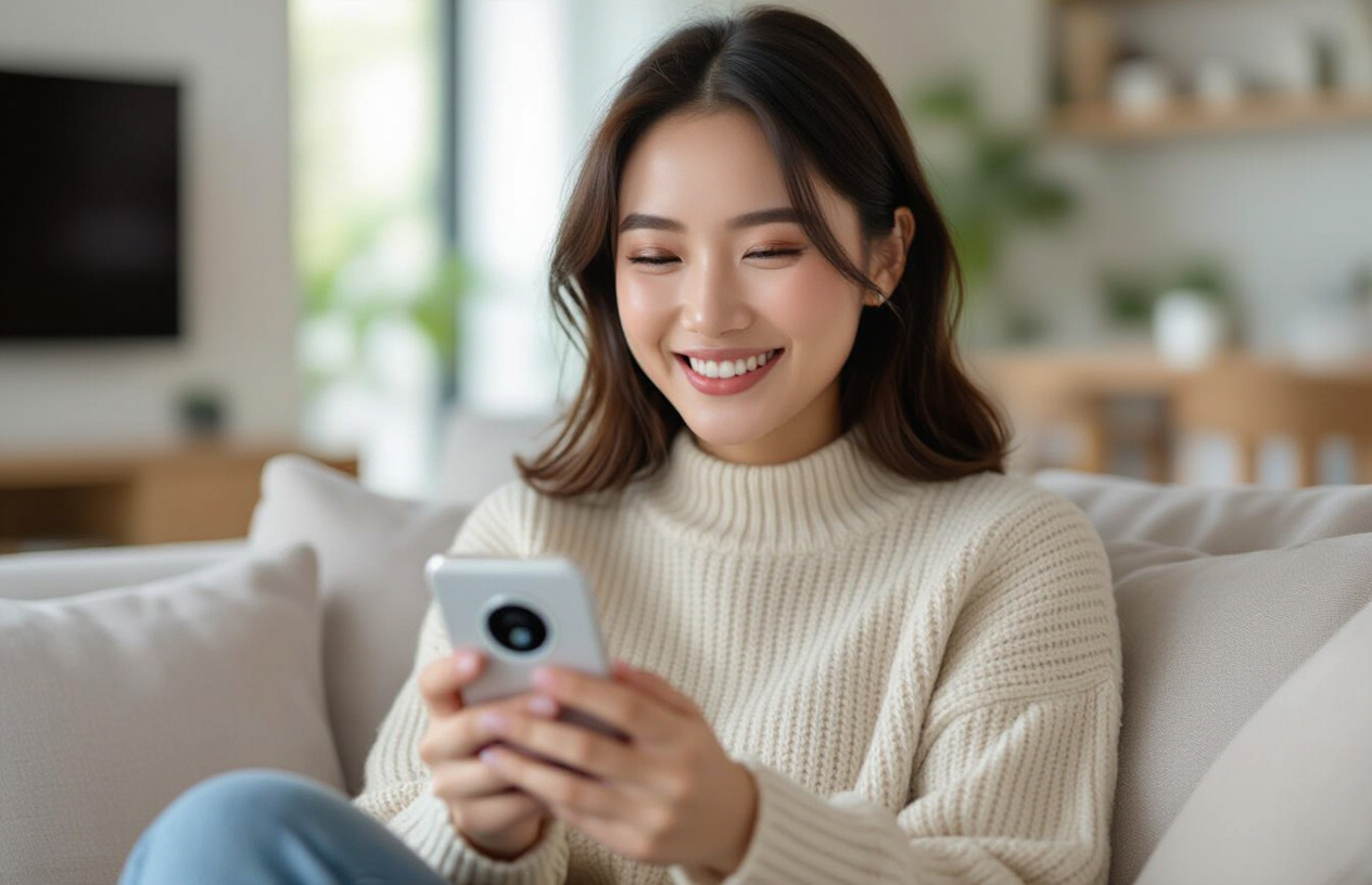 Người Phụ Nữ Việt Nam Đang Xem Camera An Ninh Qua Điện Thoại.