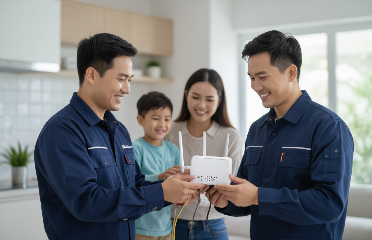 Kỹ Thuật Viên Máy Tính Bến Tre Đang Lắp Đặt Bộ Phát Wifi Tp-Link Tốc Độ Cao Tại Nhà Khách Hàng Ở Bến Tre.