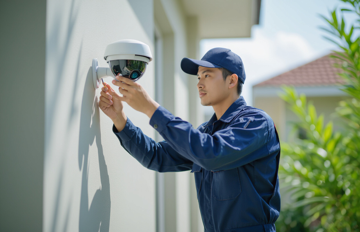 Kỹ Thuật Viên Máy Tính Bến Tre Đang Lắp Đặt Camera An Ninh Tại Giồng Trôm.