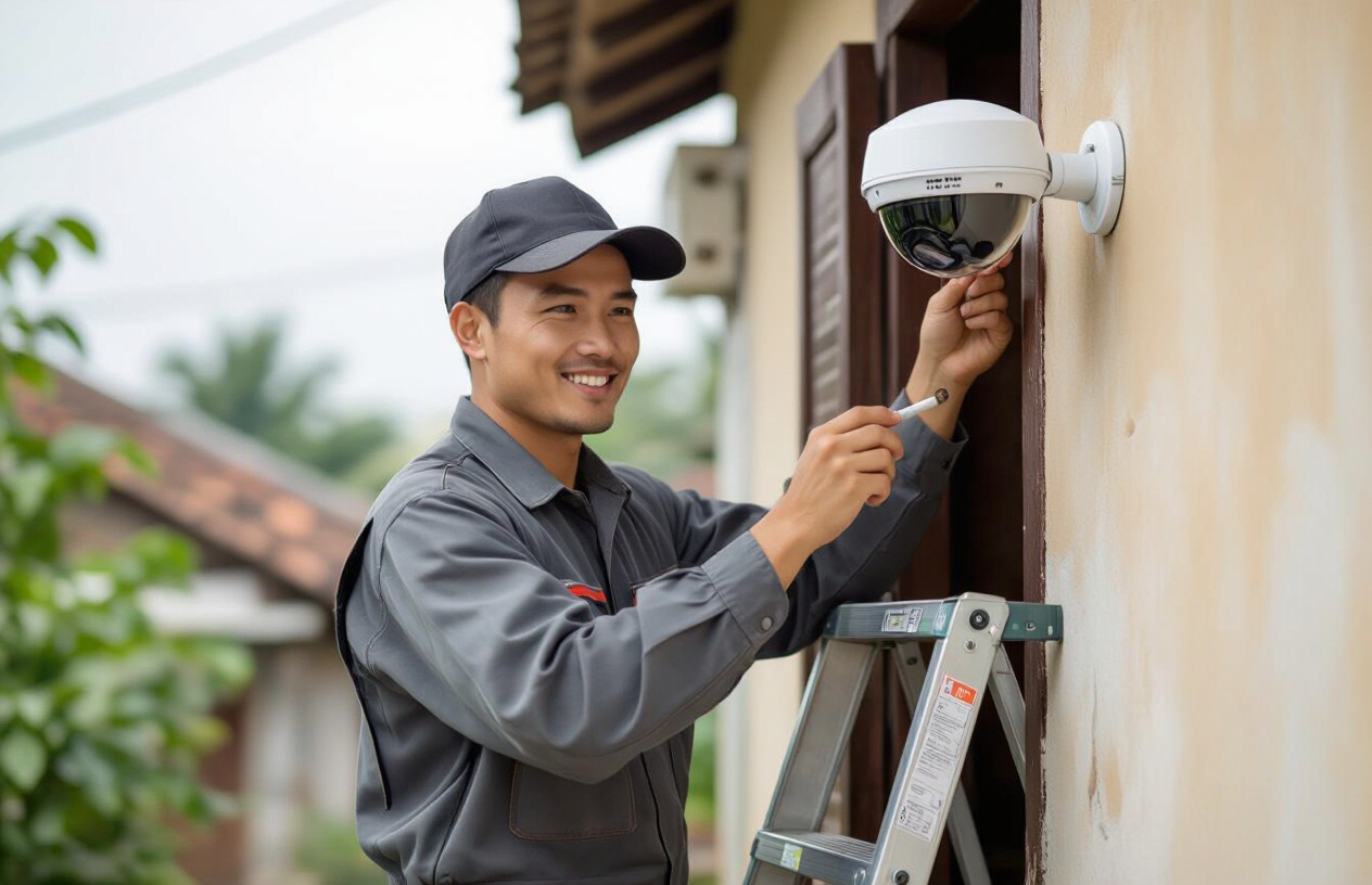 Kỹ Thuật Viên Máy Tính Bến Tre Đang Lắp Đặt Camera An Ninh Chuyên Nghiệp Tại Nhà Ở Phước Mỹ Trung.