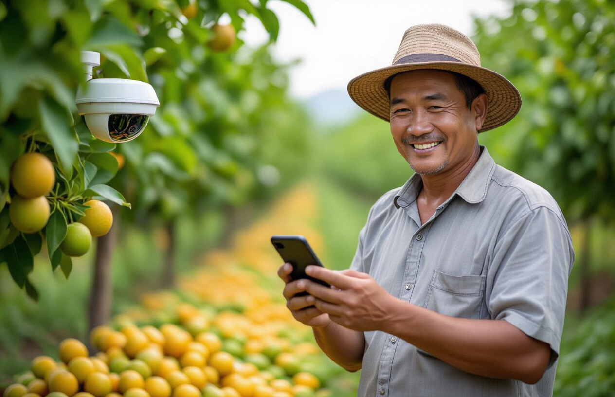 Một Người Chủ Vựa Trái Cây Việt Nam Đang Kiểm Tra Hình Ảnh Từ Camera Trên Điện Thoại Thông Minh, Thể Hiện Sự Tiện Lợi 