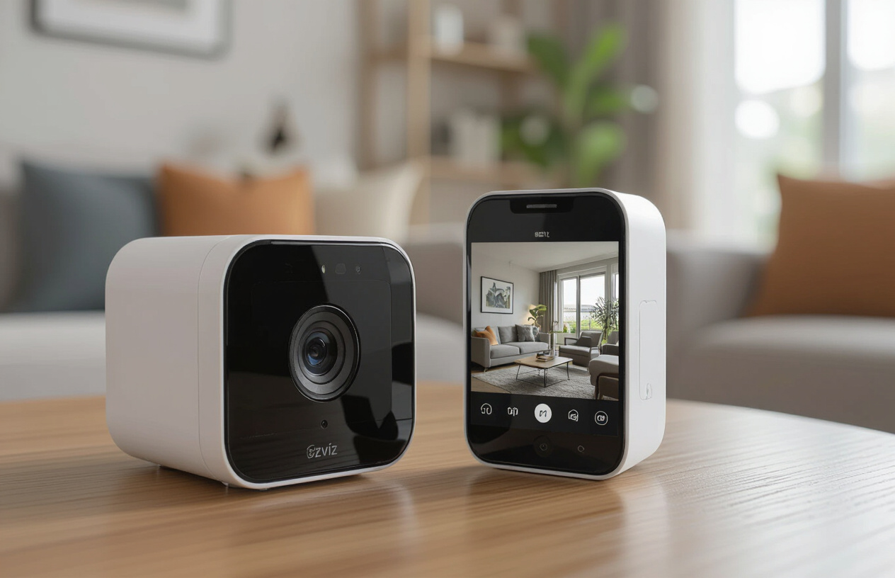 Hình Ảnh Camera Ezviz Không Dây Và Ứng Dụng Quản Lý Trên Điện Thoại Thông Minh, Thể Hiện Sự Tiện Lợi Và Dễ Dàng Sử Dụn