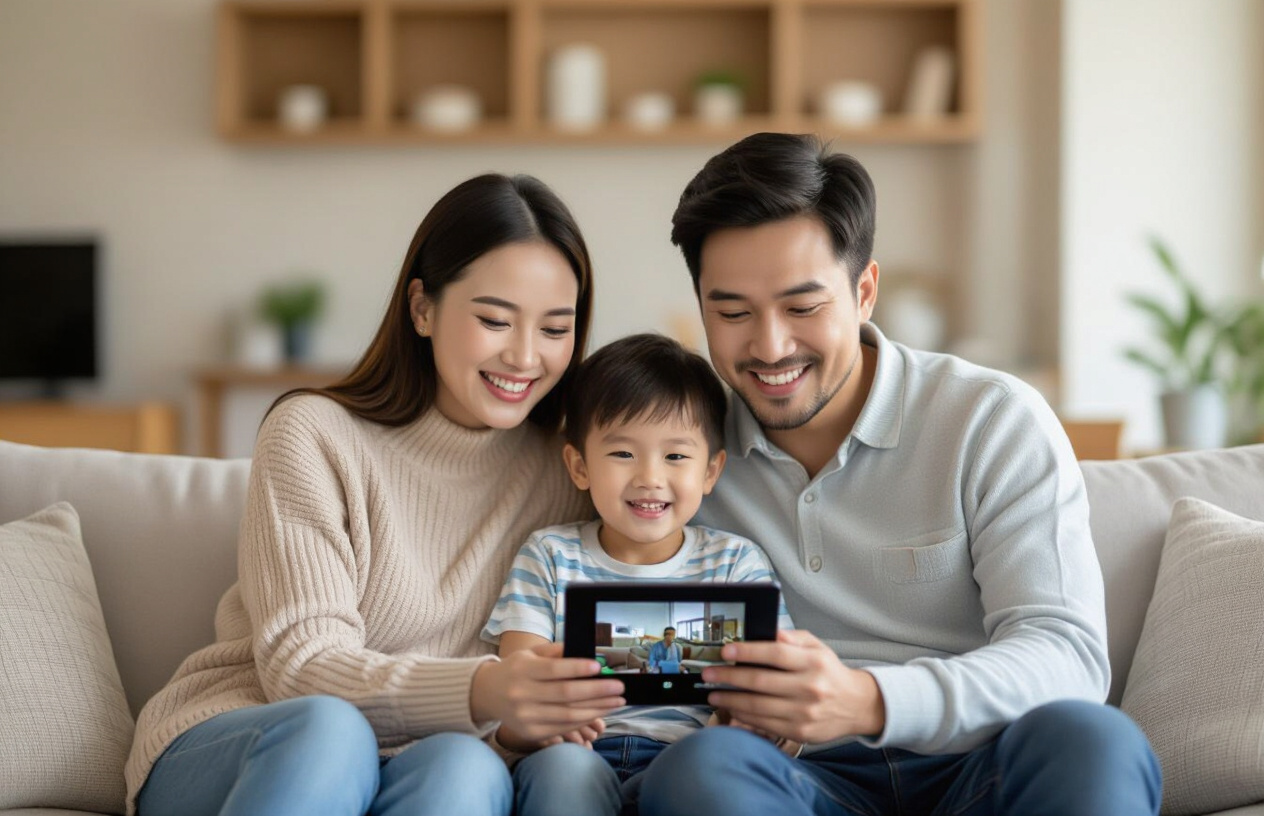 Gia Đình Việt Nam An Tâm Quan Sát Hình Ảnh Từ Camera Ezviz Trên Máy Tính Bảng, Thể Hiện Sự An Toàn Và Tiện Nghi.