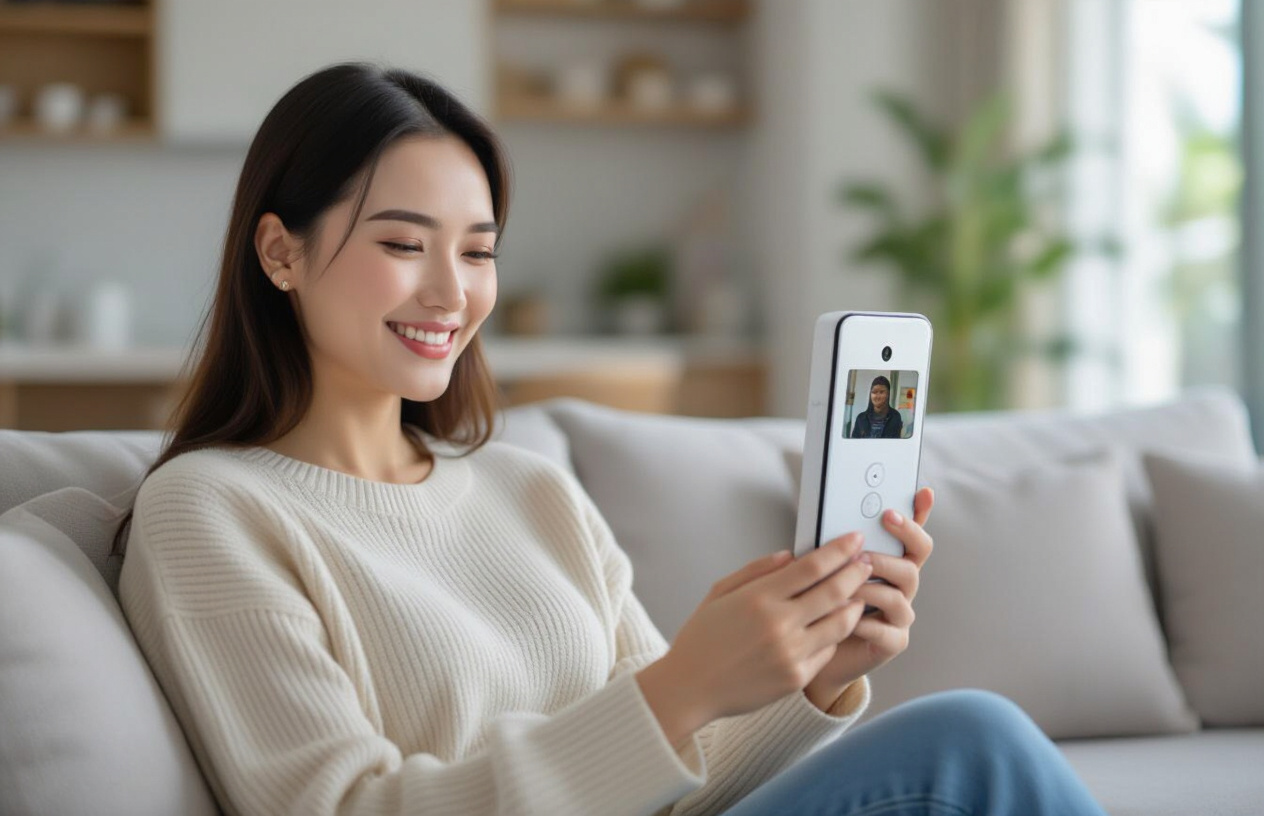 Người Phụ Nữ Việt Nam Xem Hình Ảnh Từ Chuông Cửa Có Hình Hikvision Trên Điện Thoại Thông Minh.
