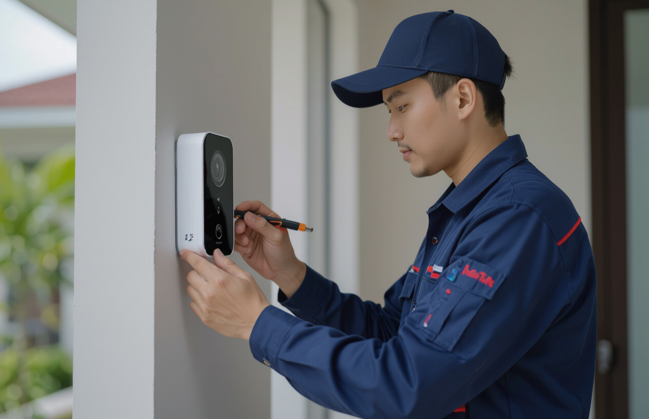 Kỹ Thuật Viên Máy Tính Bến Tre Chuyên Nghiệp Đang Lắp Đặt Chuông Cửa Có Hình Hikvision.