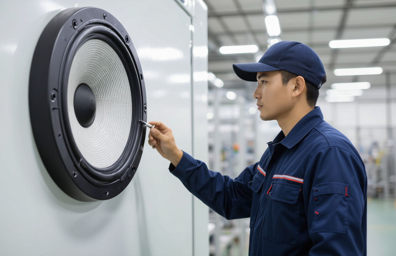 Kỹ Sư Việt Nam Đang Kiểm Tra Và Lắp Đặt Loa Phóng Thanh Trong Nhà Xưởng Rộng Rãi, Đảm Bảo Chất Lượng Âm Thanh.