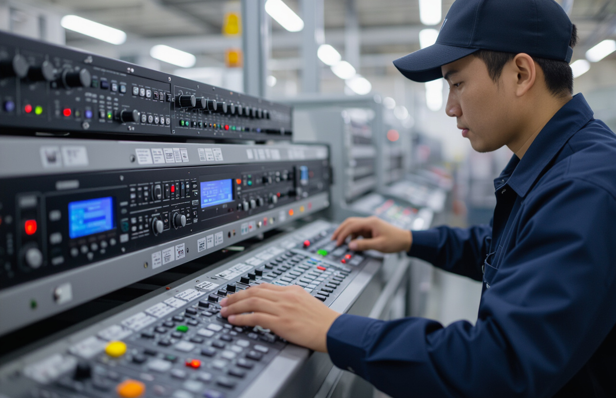 Một Kỹ Thuật Viên Đang Vận Hành Bảng Điều Khiển Trung Tâm Của Hệ Thống Âm Thanh Thông Báo Trong Nhà Xưởng.