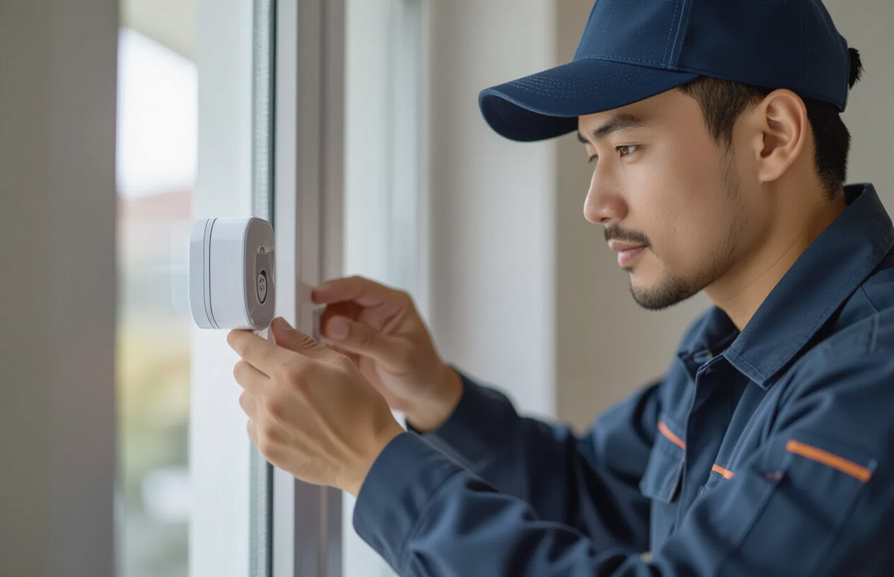 Kỹ Thuật Viên Máy Tính Bến Tre Đang Lắp Đặt Cảm Biến Báo Trộm Tại Cửa Sổ.