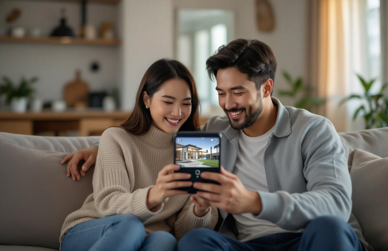 Gia Đình Việt Nam Đang Xem Màn Hình Giám Sát Hệ Thống Báo Trộm Qua Điện Thoại.