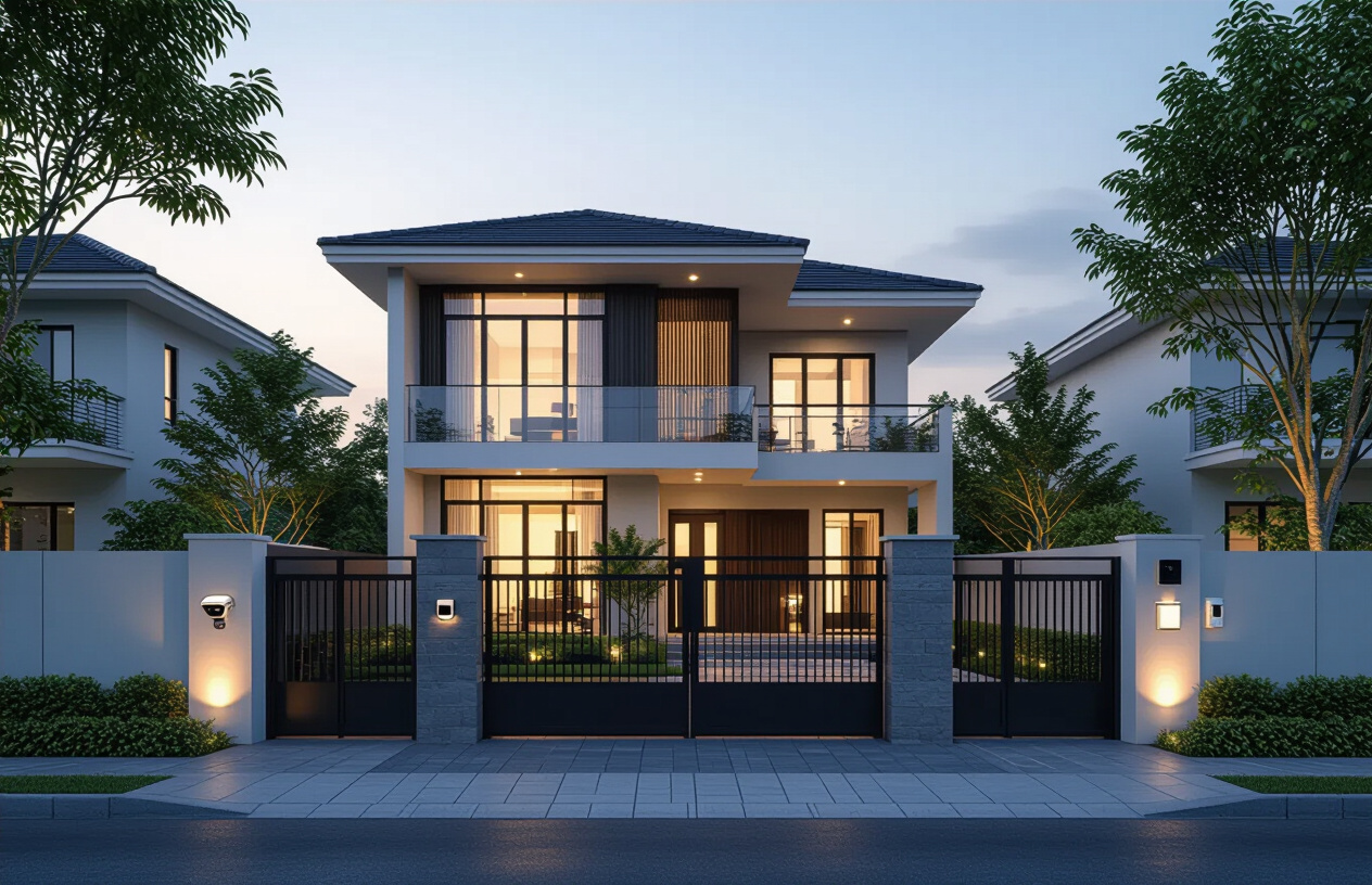 Một Ngôi Nhà An Toàn Với Hệ Thống Báo Trộm Hiện Đại Và Hàng Rào Bảo Vệ.
