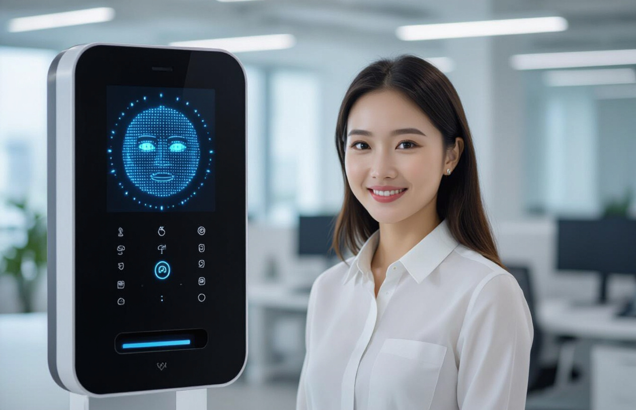 Một Nhân Viên Người Việt Đang Chấm Công Bằng Hệ Thống Nhận Diện Khuôn Mặt Hiện Đại, Thể Hiện Sự Tiện Lợi Và Nhanh Chón