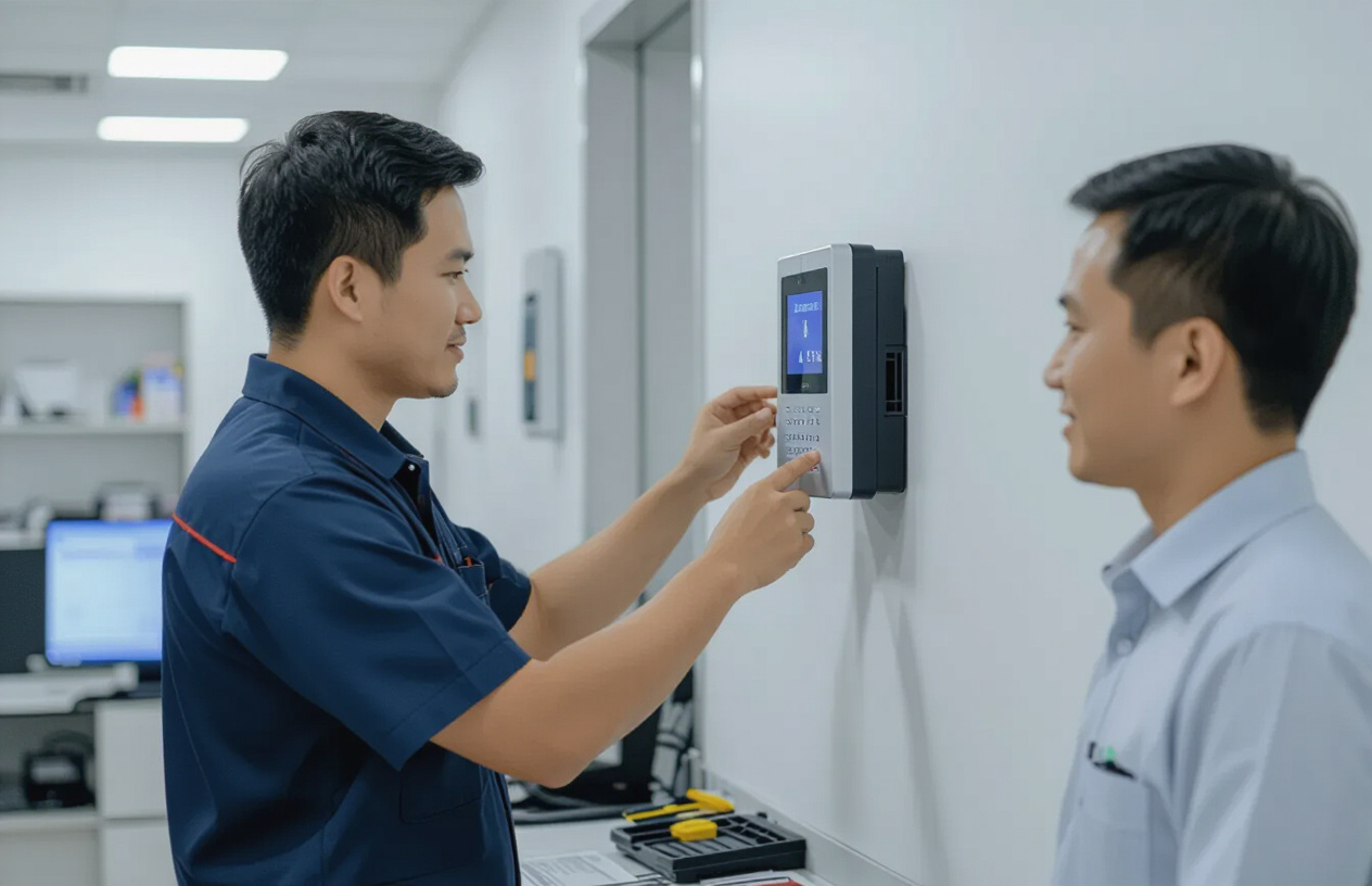 Chuyên Viên Kỹ Thuật Máy Tính Bến Tre Đang Lắp Đặt Và Kiểm Tra Hệ Thống Chấm Công Nhận Diện Khuôn Mặt Tại Một Doanh Ng