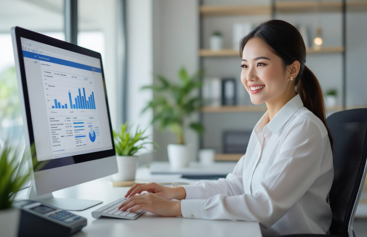 Người Quản Lý Kiểm Tra Báo Cáo Chấm Công Vân Tay Trên Máy Tính Tại Văn Phòng Bến Tre.