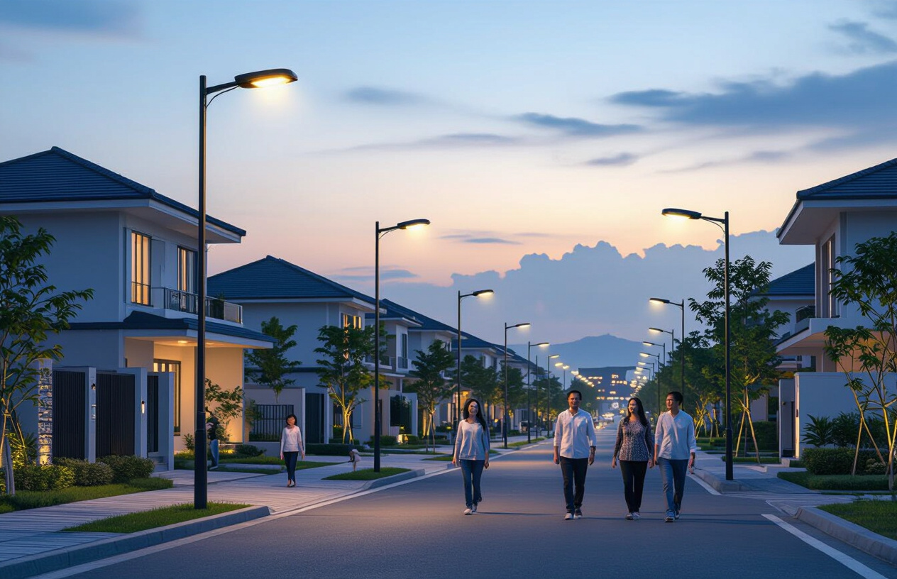 Hình Ảnh Minh Họa Hệ Thống Chiếu Sáng Thông Minh Dùng Năng Lượng Mặt Trời, Tích Hợp Công Nghệ Hiện Đại.