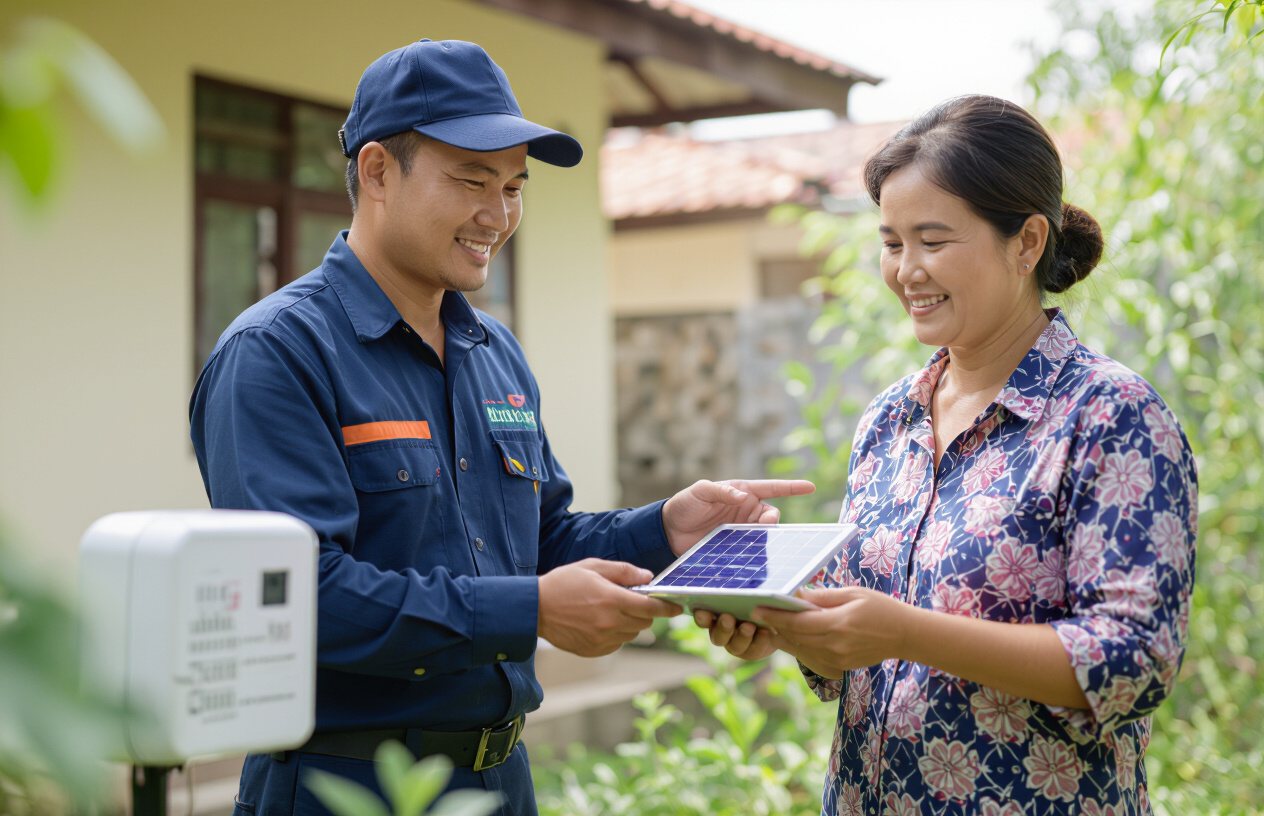 Chuyên Viên Máy Tính Bến Tre Đang Tư Vấn Và Lắp Đặt Hệ Thống Chiếu Sáng Năng Lượng Mặt Trời Cho Khách Hàng.