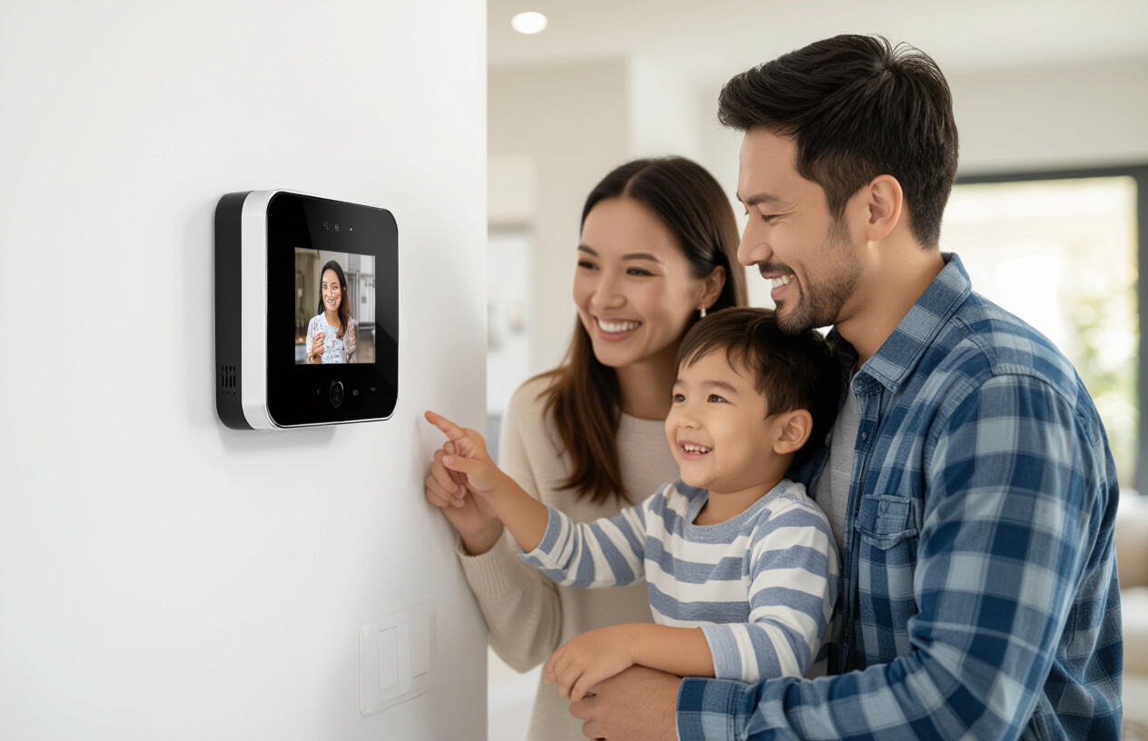 Gia Đình Việt Vui Vẻ Nhìn Vào Màn Hình Chuông Cửa Có Hình, Giao Tiếp Với Khách