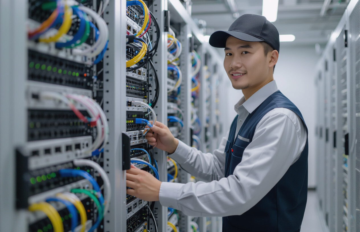 Kỹ Thuật Viên Máy Tính Bến Tre Đang Kiểm Tra Hệ Thống Mạng Cáp Quang Cho Khách Sạn.