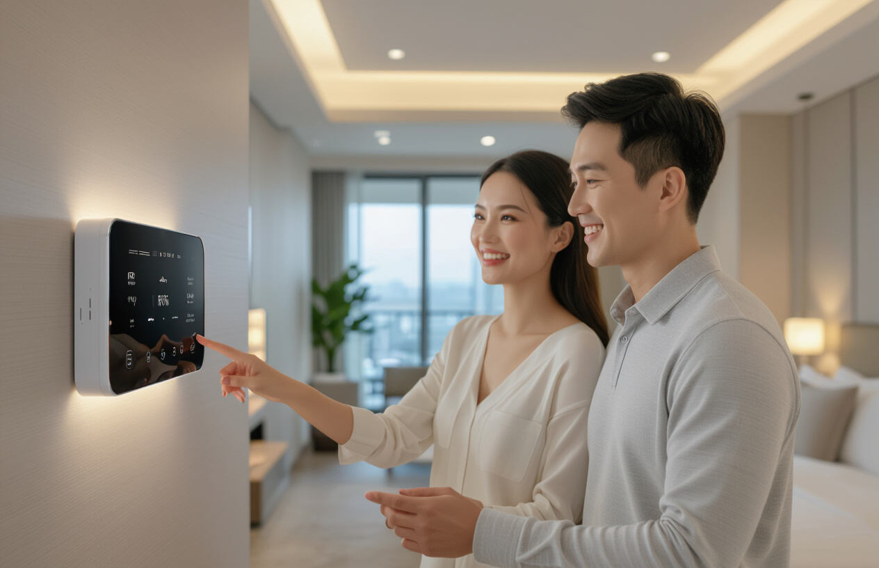 Khách Hàng Hài Lòng Trải Nghiệm Tiện Ích Điều Khiển Điện Nhẹ Trong Phòng Khách Sạn.