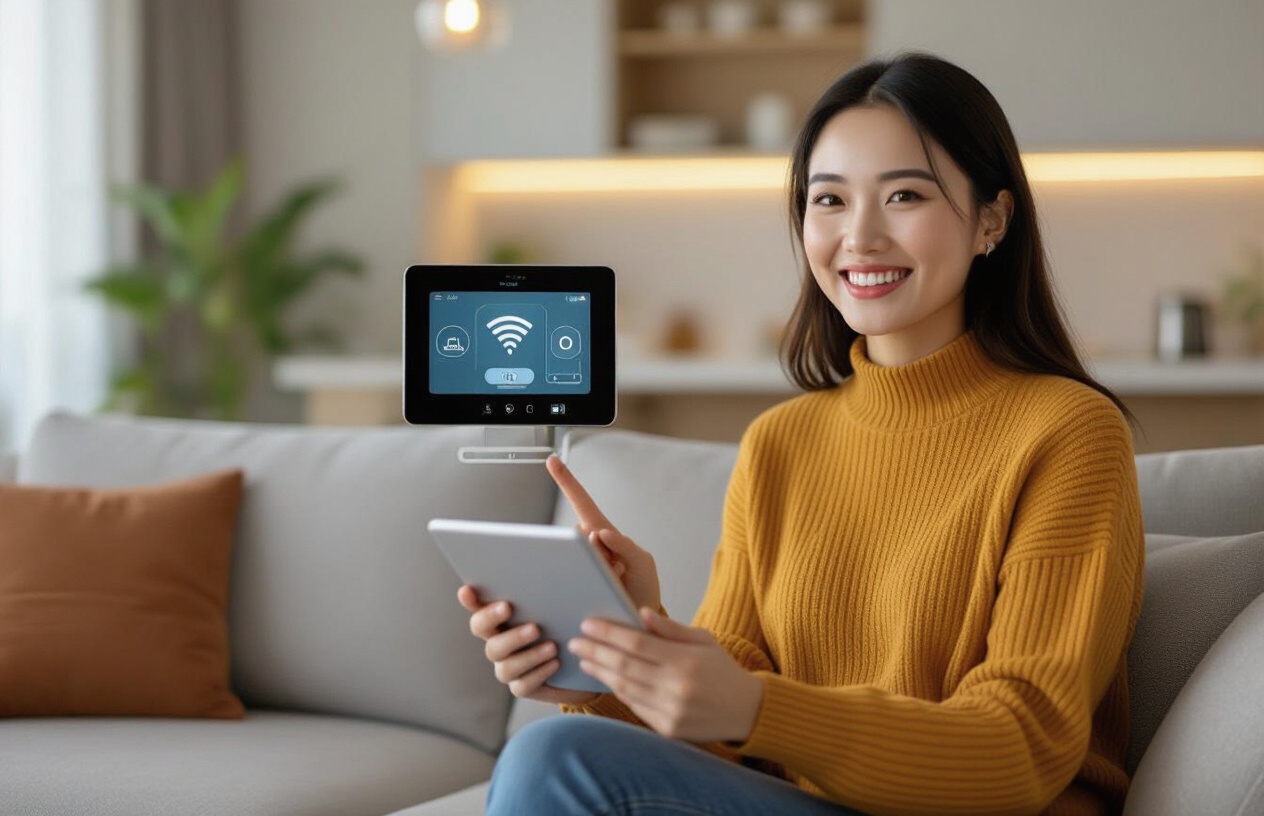 Người Phụ Nữ Việt Nam Hạnh Phúc Sử Dụng Máy Tính Bảng Điều Khiển Nhà Thông Minh Với Tín Hiệu Wi-Fi Mạnh Mẽ.