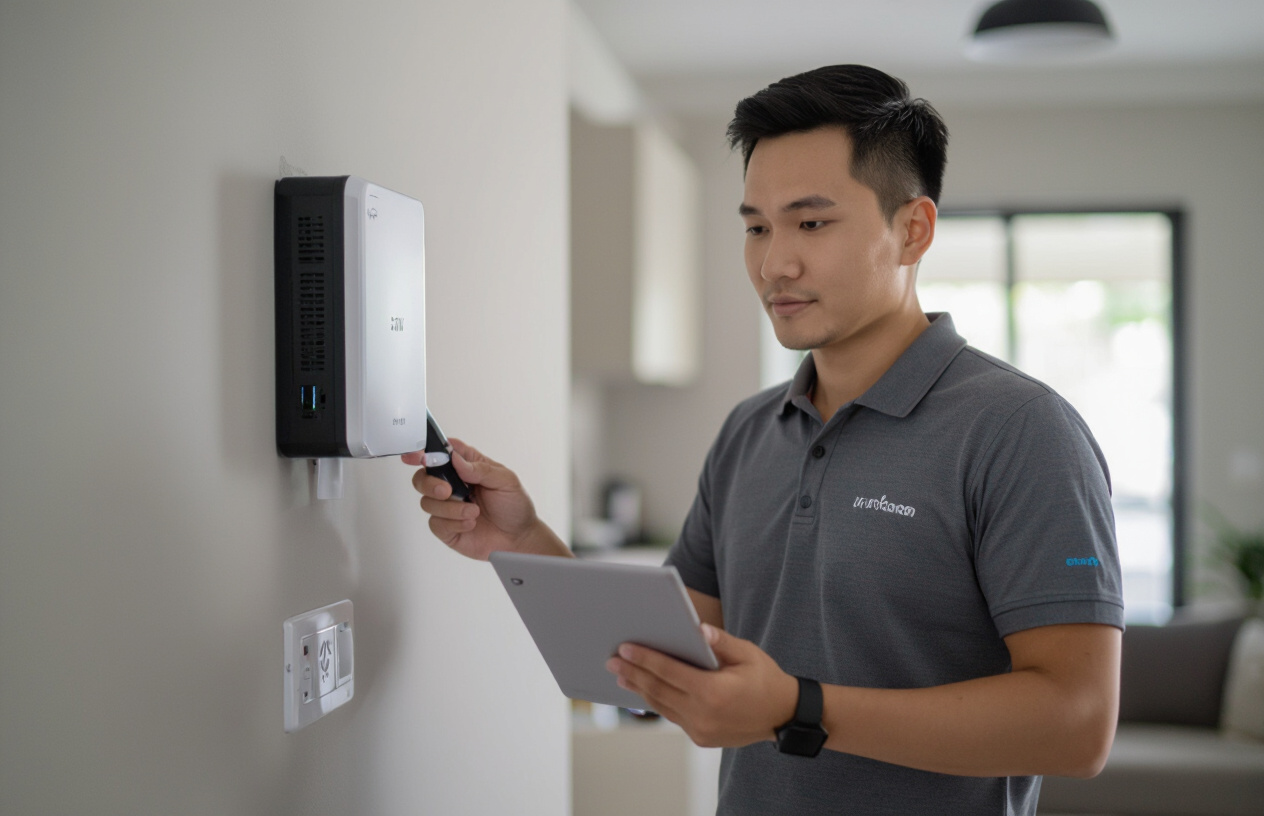 Kỹ Thuật Viên Chuyên Nghiệp Người Việt Nam Đang Kiểm Tra Thiết Bị Mạng Wi-Fi Trong Một Ngôi Nhà Thông Minh Tại Bến Tre