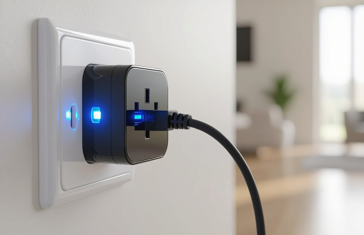Thiết Bị Powerline Adapter Cắm Vào Ổ Điện, Biểu Tượng Sóng Wi-Fi Mạnh.
