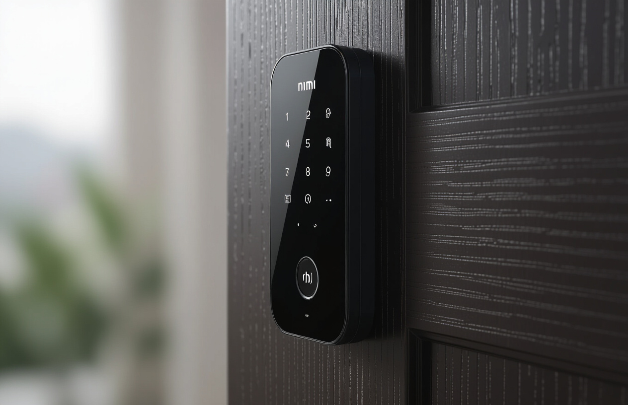 Hình Ảnh Cận Cảnh Khóa Cửa Vân Tay Xiaomi Hiện Đại Được Lắp Đặt Trên Cánh Cửa Gỗ.