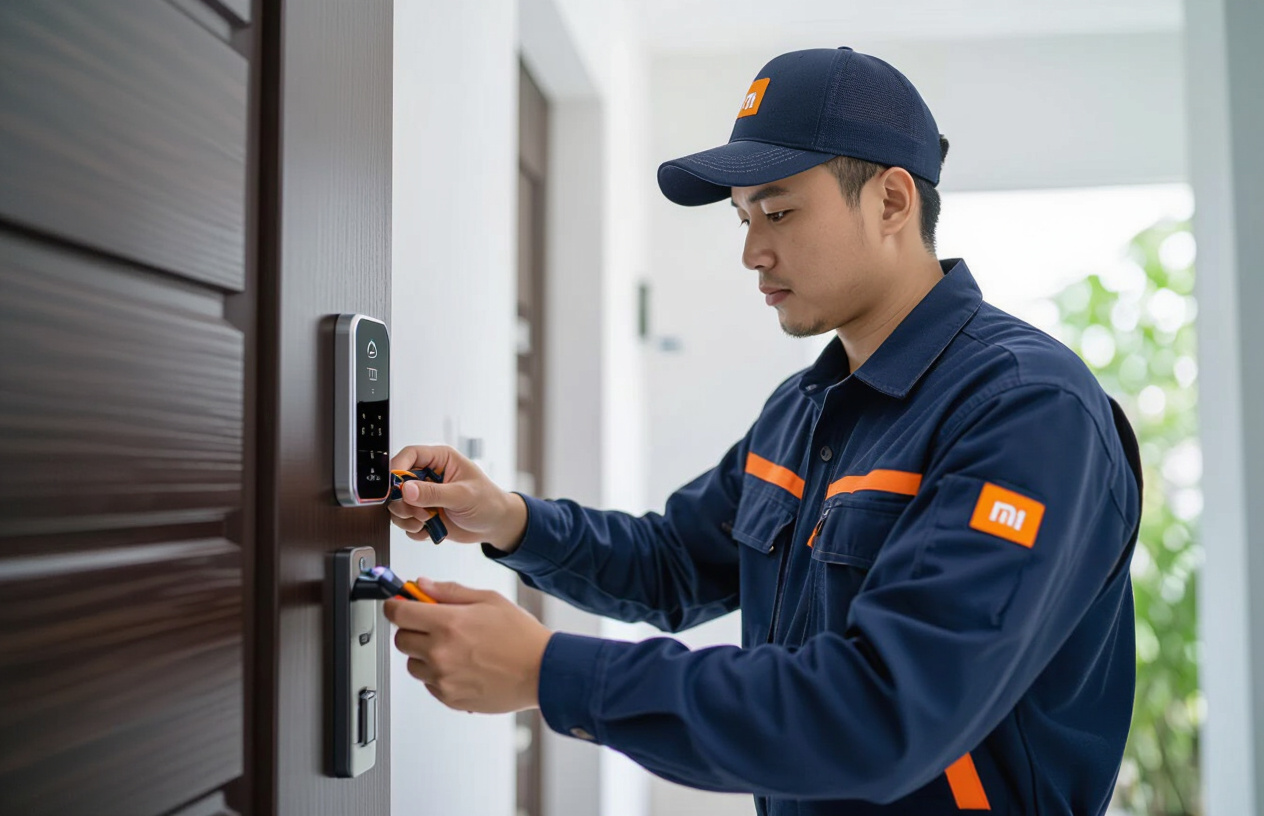 Kỹ Thuật Viên Máy Tính Bến Tre Đang Chuyên Nghiệp Lắp Đặt Khóa Vân Tay Xiaomi.