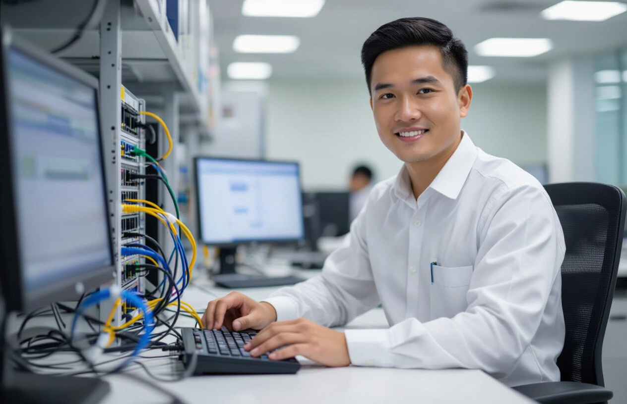 Kỹ Thuật Viên Máy Tính Bến Tre Đang Thi Công Lắp Đặt Hệ Thống Mạng Lan Cho Văn Phòng.