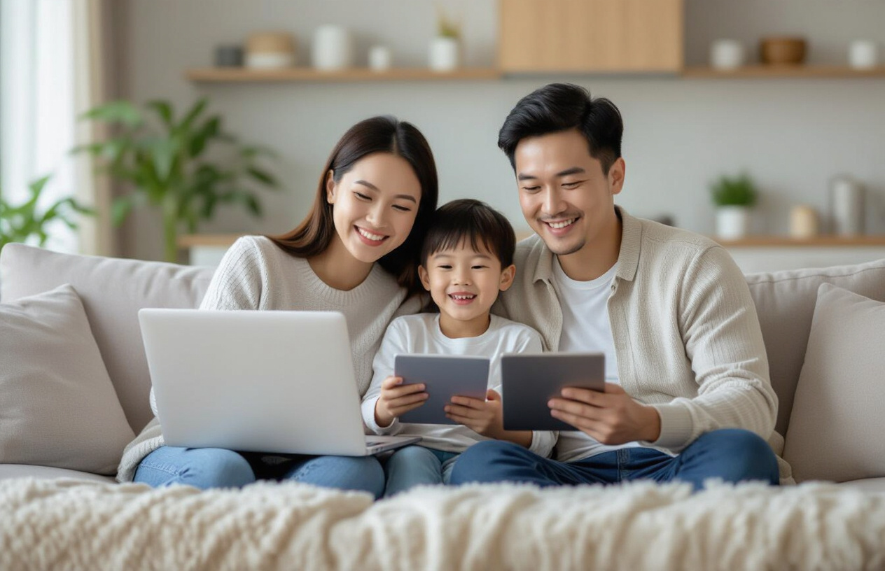 Gia Đình Việt Nam Hạnh Phúc Sử Dụng Internet Không Dây Tốc Độ Cao Tại Nhà.