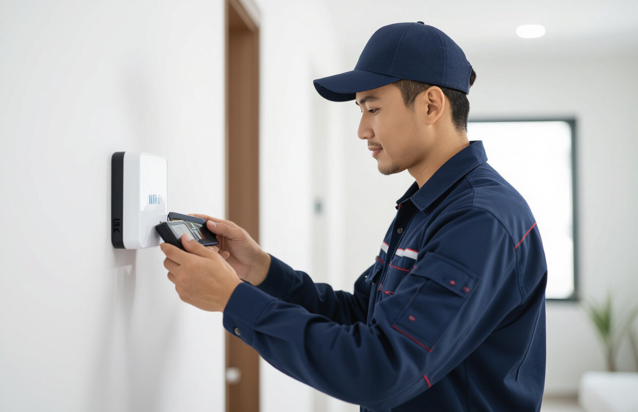 Kỹ Thuật Viên Chuyên Nghiệp Đang Lắp Đặt Bộ Định Tuyến Wifi Và Kiểm Tra Tín Hiệu Mạng.