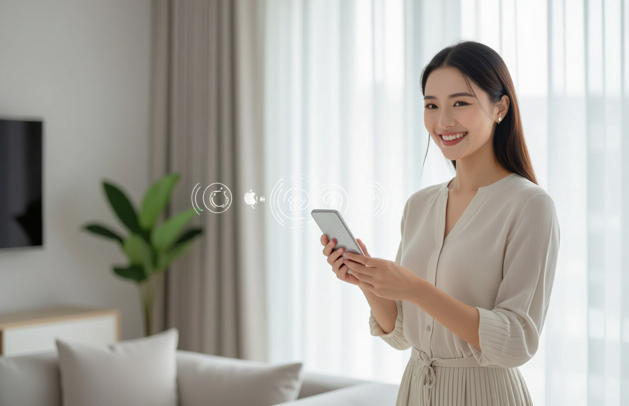 Một Người Phụ Nữ Việt Nam Đang Điều Khiển Rèm Cửa Tự Động Bằng Điện Thoại Thông Minh.
