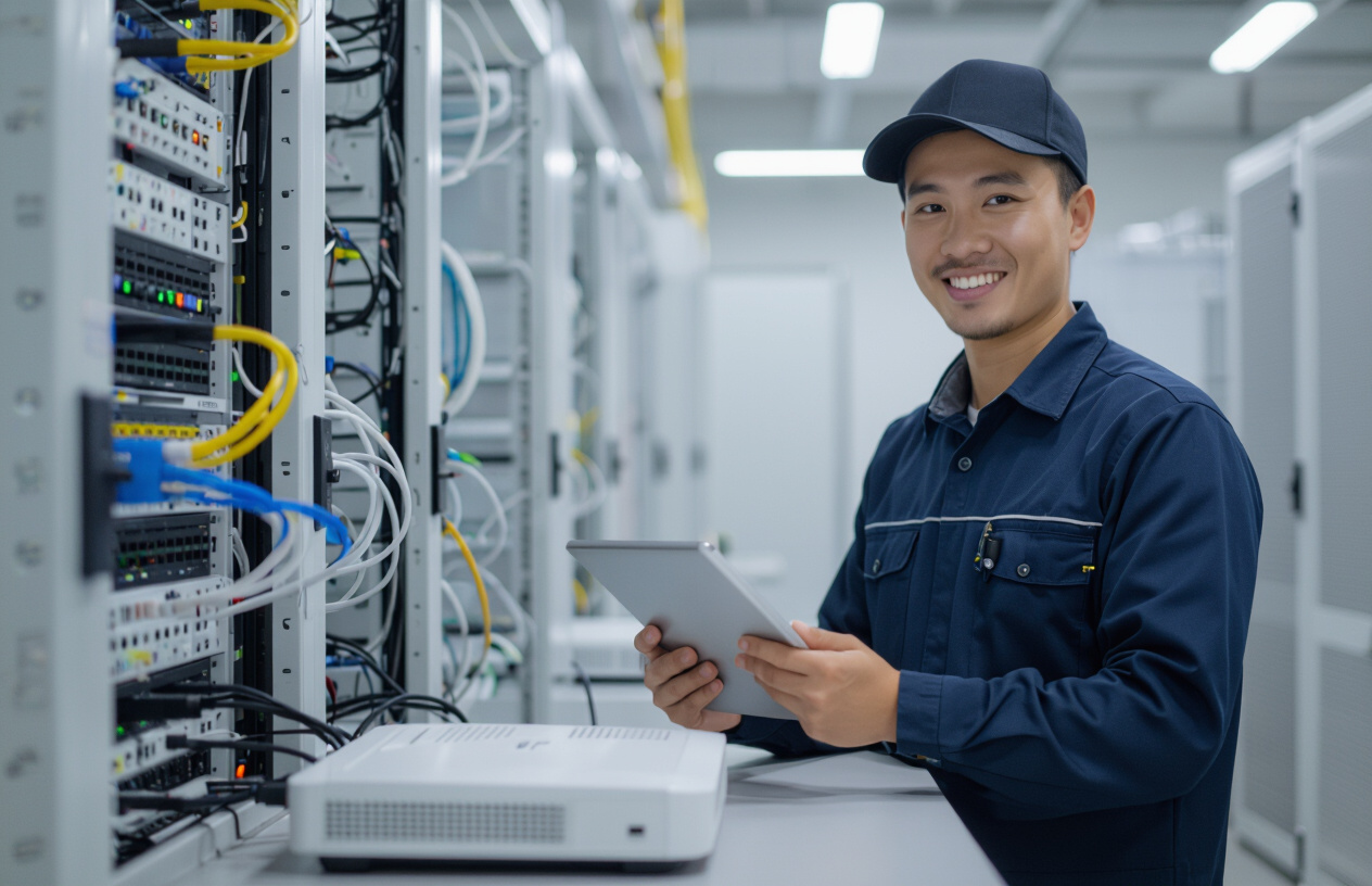 Kỹ Thuật Viên Máy Tính Bến Tre Đang Kiểm Tra Hệ Thống Mạng Cho Công Ty.
