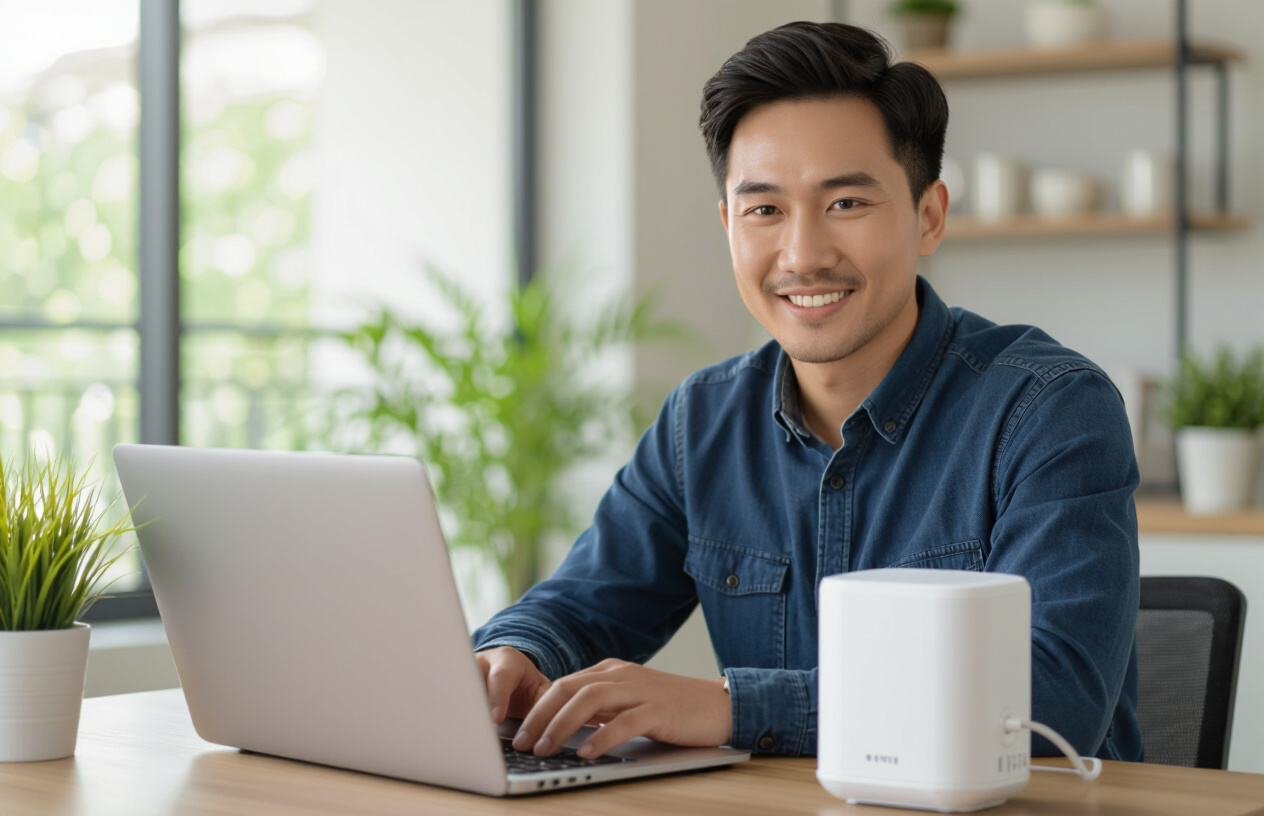 Một Người Đàn Ông Việt Nam Đang Cấu Hình Router Wifi Để Giới Hạn Băng Thông.