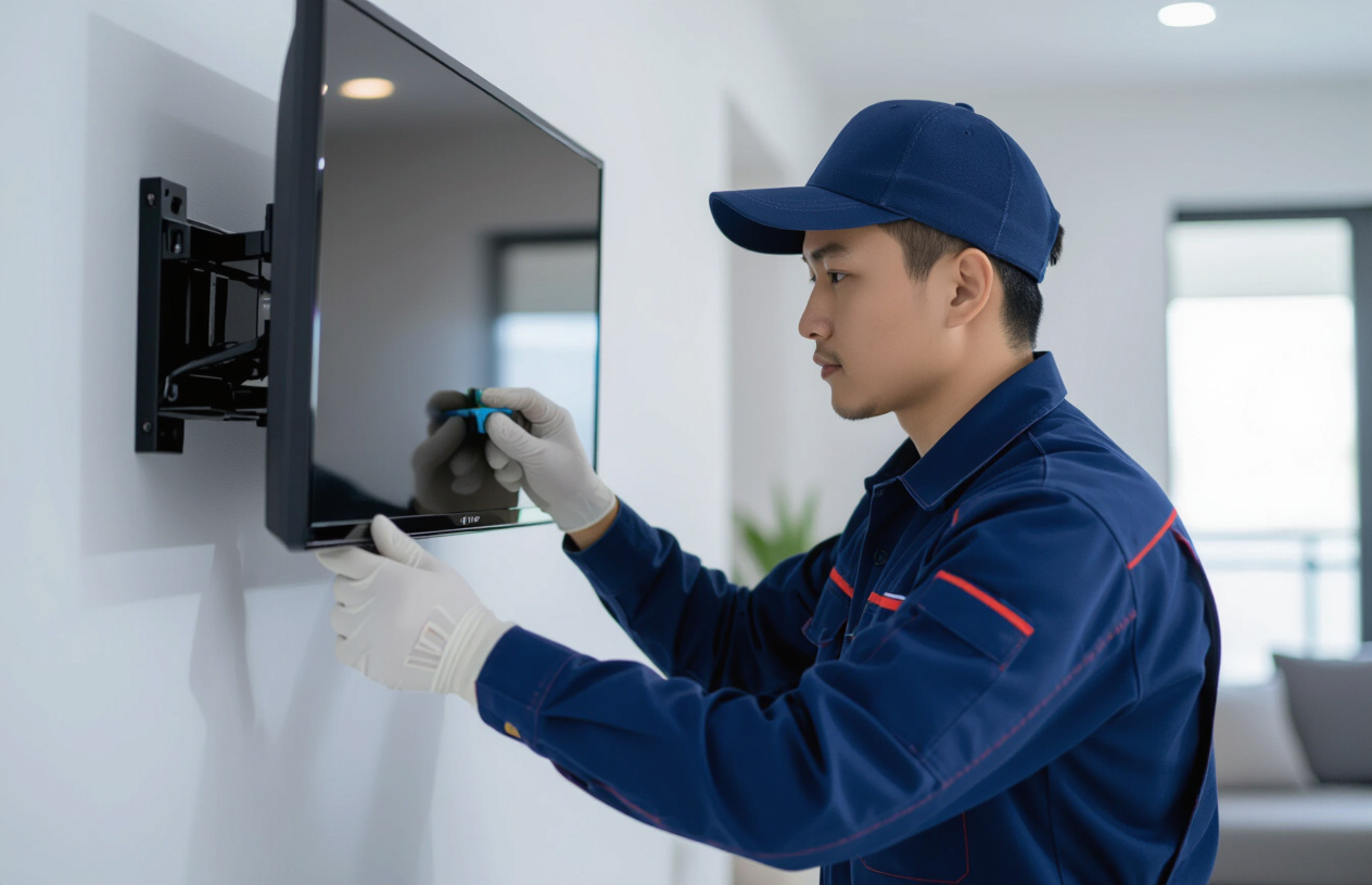 Kỹ Thuật Viên Chuyên Nghiệp Của Máy Tính Bến Tre Đang Kiểm Tra Giá Treo Smart Tv Samsung
