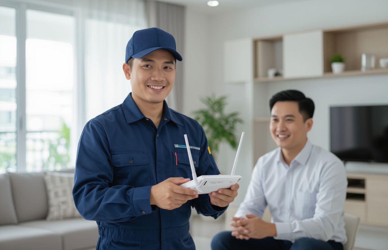 Người Thợ Chuyên Nghiệp Của Máy Tính Bến Tre Đang Lắp Đặt Thiết Bị Mạng Wifi Tại Nhà Khách Hàng Ở Thị Trấn Mỏ Cày, Đảm